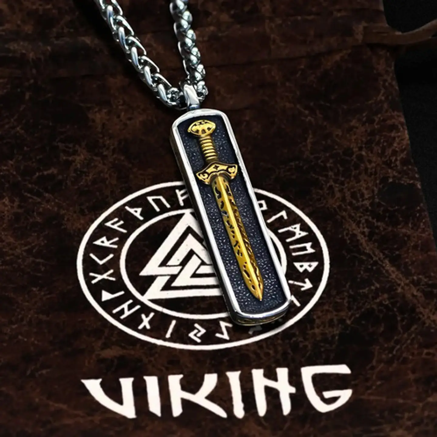 Collar Dije Vikingo Espada Nordica Acero De Color Oro Hombre Plateado 3