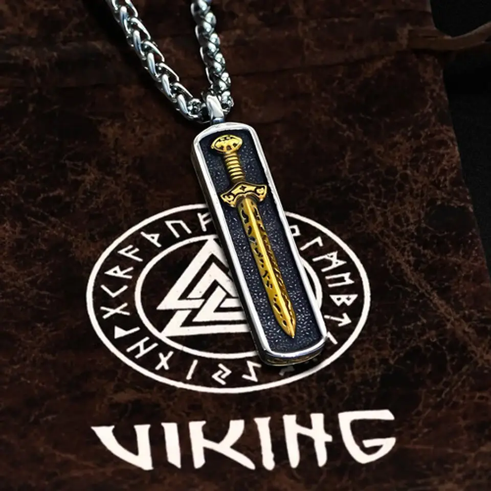 Collar Dije Vikingo Espada Nordica Acero De Color Oro Hombre Plateado 3