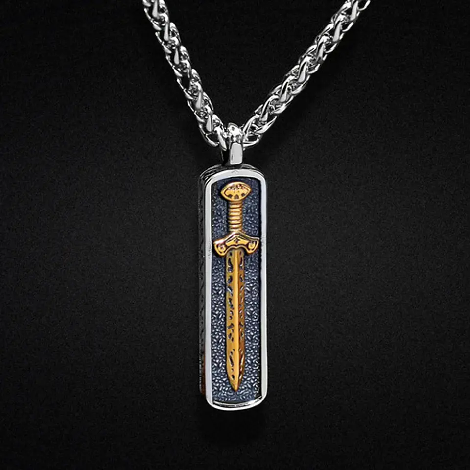 Collar Dije Vikingo Espada Nordica Acero De Color Oro Hombre Plateado 6