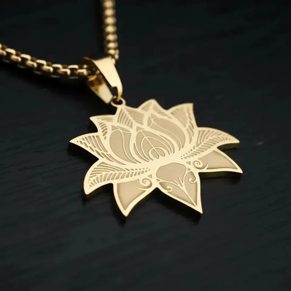 Collar Dorado De Acero Para Hombre Y Mujer Dije Flor De Loto 8