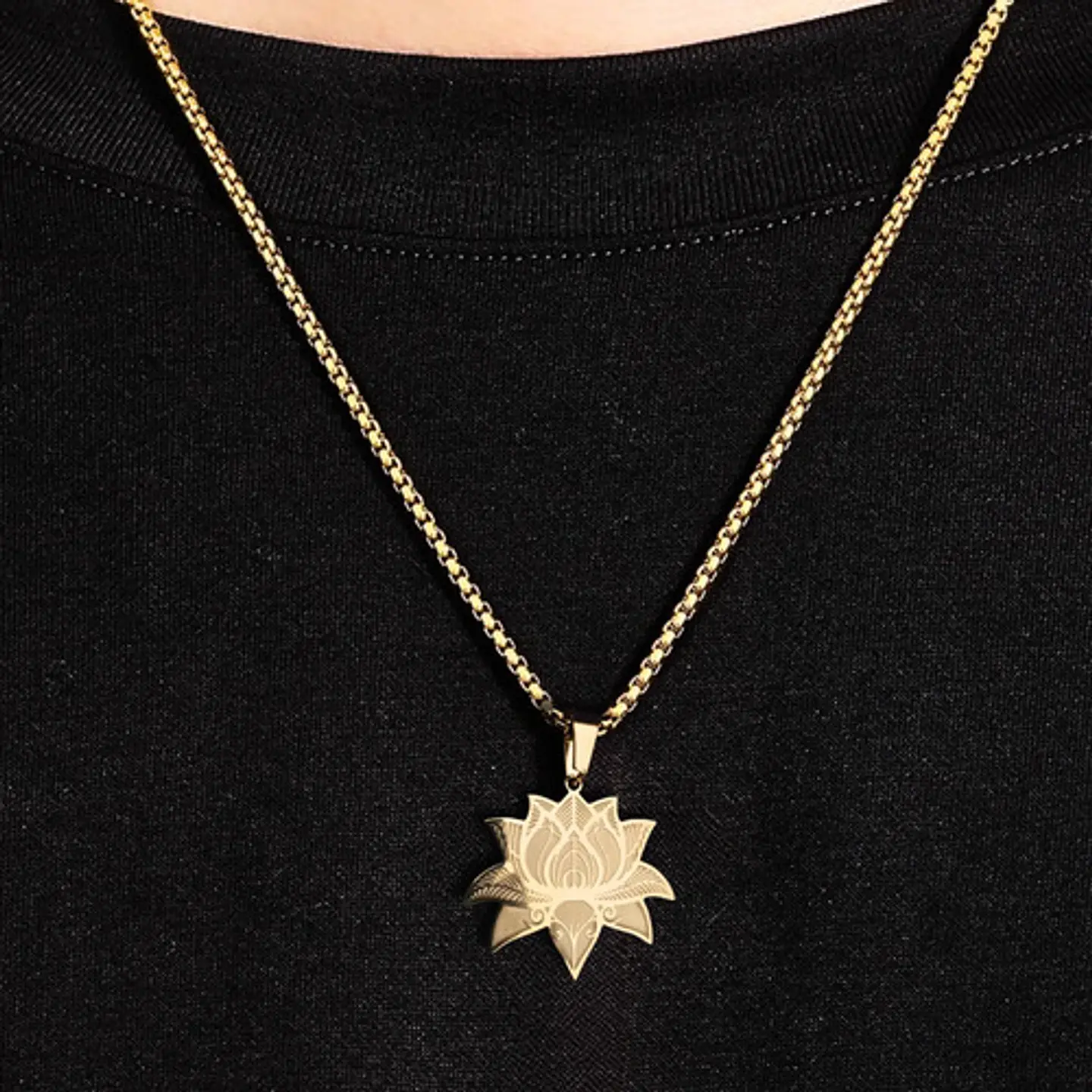 Collar Dorado De Acero Para Hombre Y Mujer Dije Flor De Loto 10