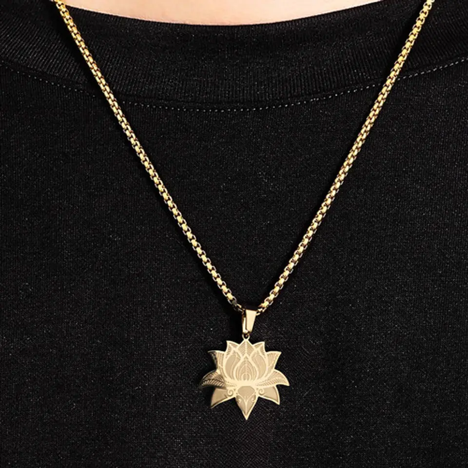 Collar Dorado De Acero Para Hombre Y Mujer Dije Flor De Loto 10