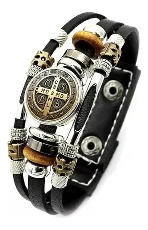 Pulsera  Cuero Medalla San Benito  Hombre Y Mujer 2 Unidades