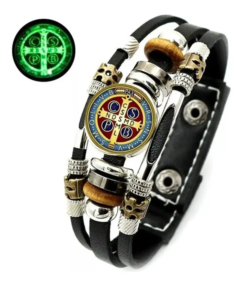 Pulsera  Cuero Medalla San Benito  Hombre Y Mujer 2 Unidades 2
