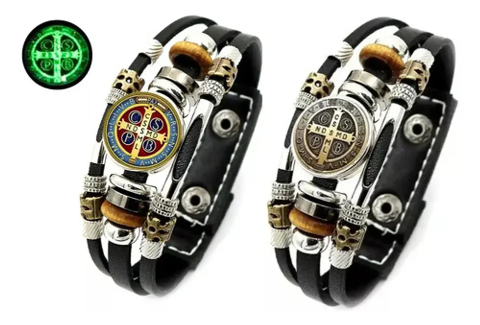 Pulsera  Cuero Medalla San Benito  Hombre Y Mujer 2 Unidades 5