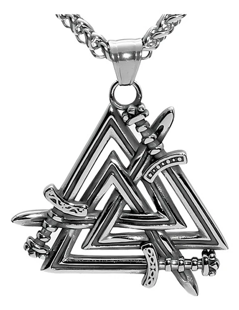 Collar Dije Vikingo Espada Valknut Acero Color Plata Hombre