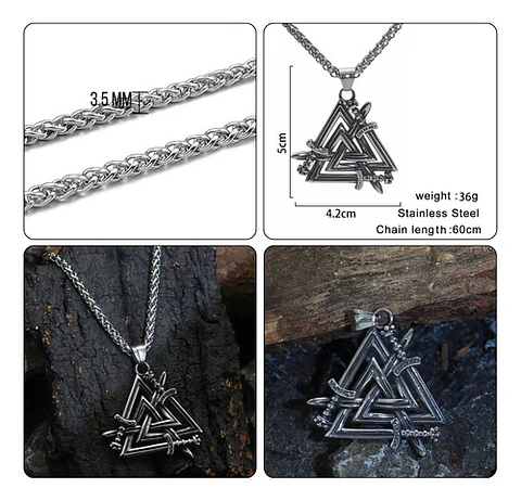 Collar Dije Vikingo Espada Valknut Acero Color Plata Hombre