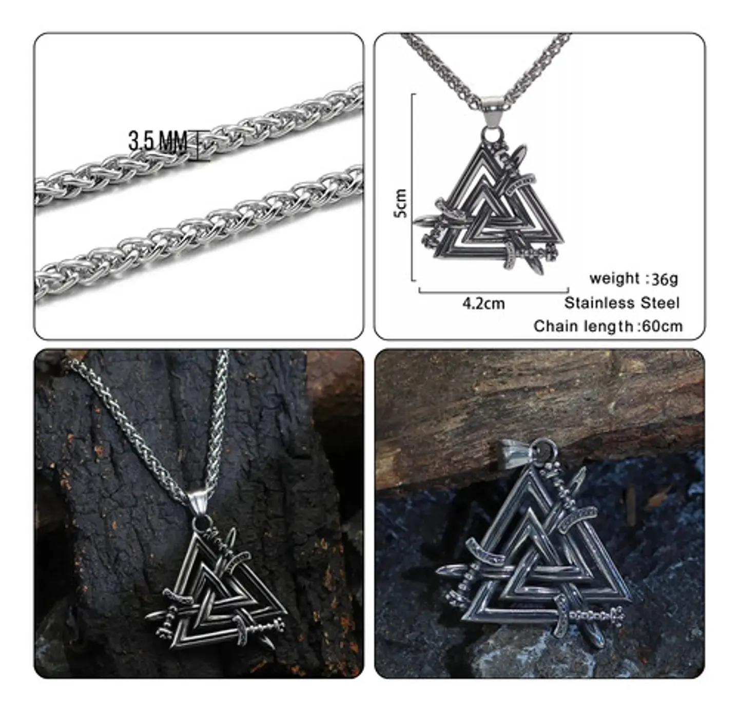 Collar Dije Vikingo Espada Valknut Acero Color Plata Hombre 2
