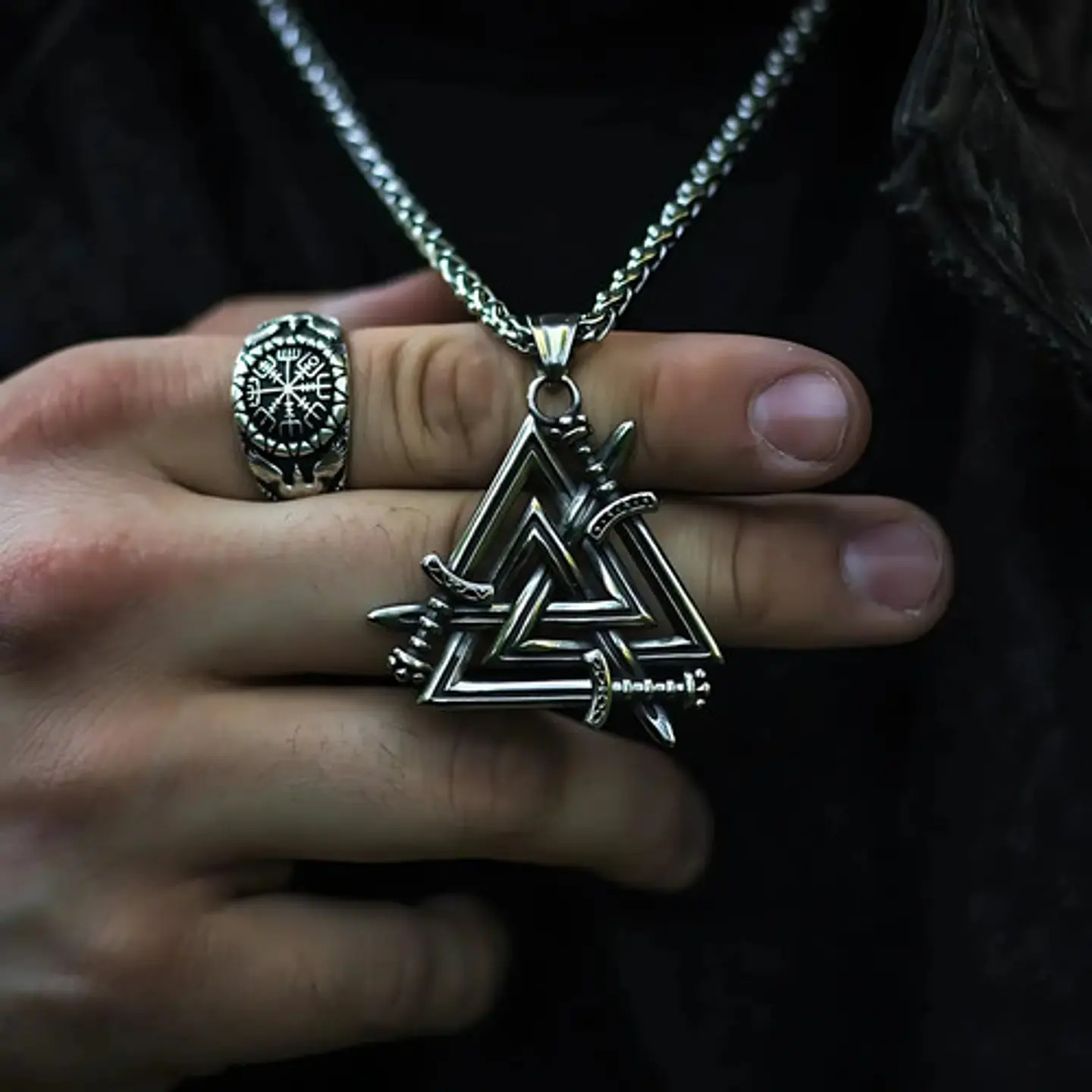 Collar Dije Vikingo Espada Valknut Acero Color Plata Hombre 8