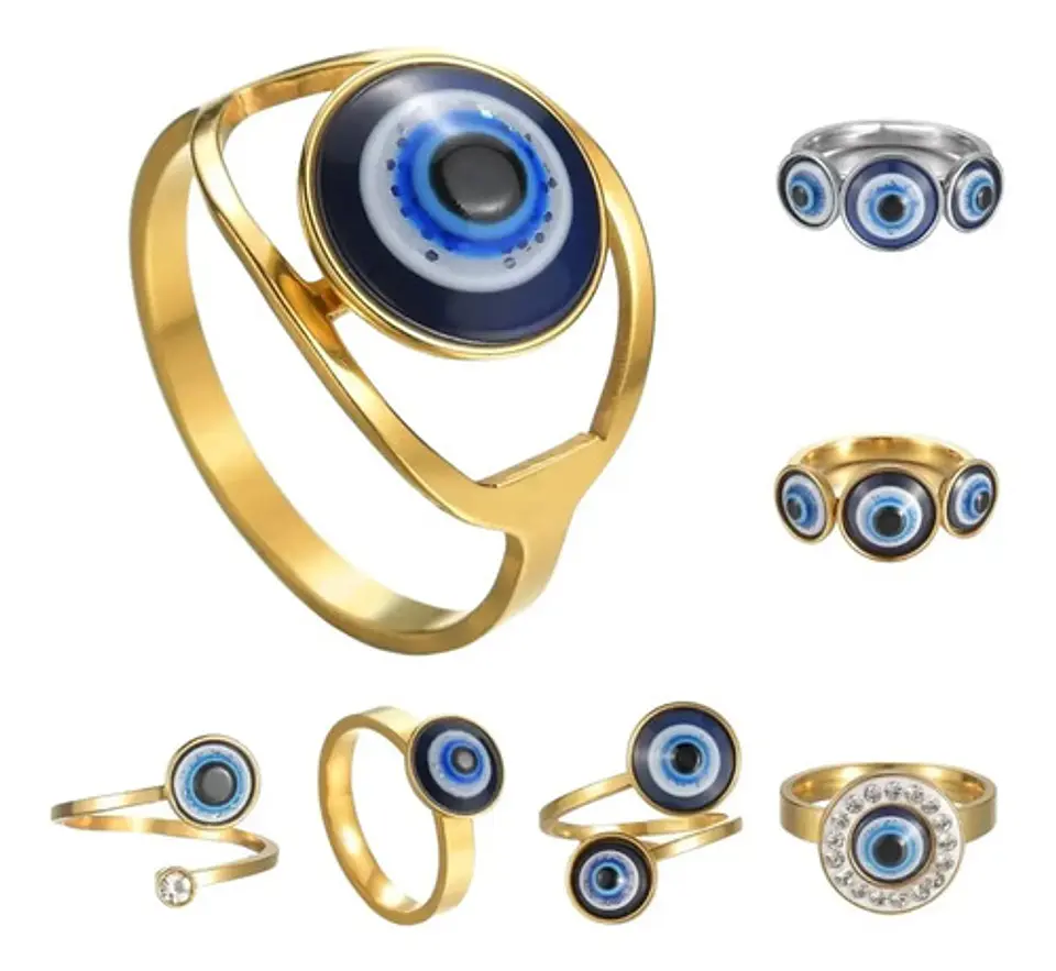 Anillo Amuleto Mujer Con Ojo Del Mal Turco Acero Color Oro 1