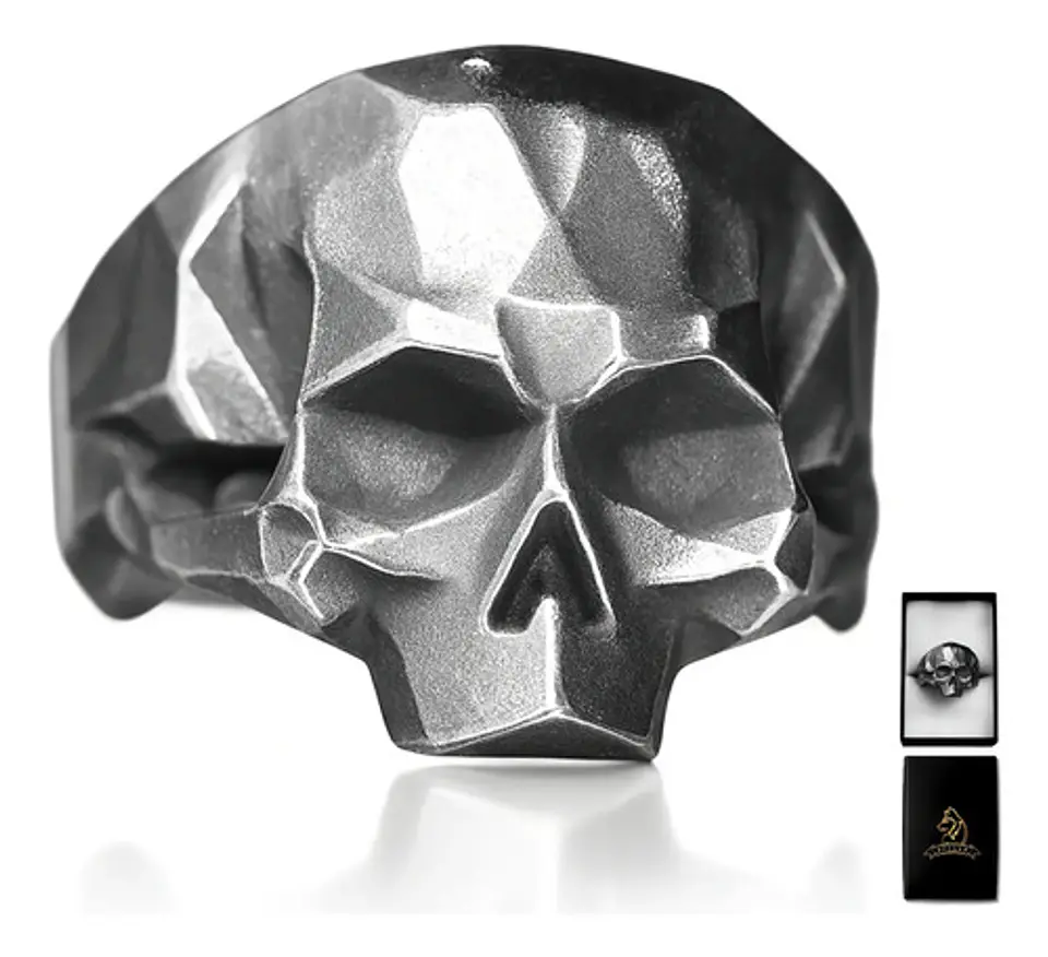 Anillo Color Plata Oscuro De Acero Craneo Calavera Hombre 1