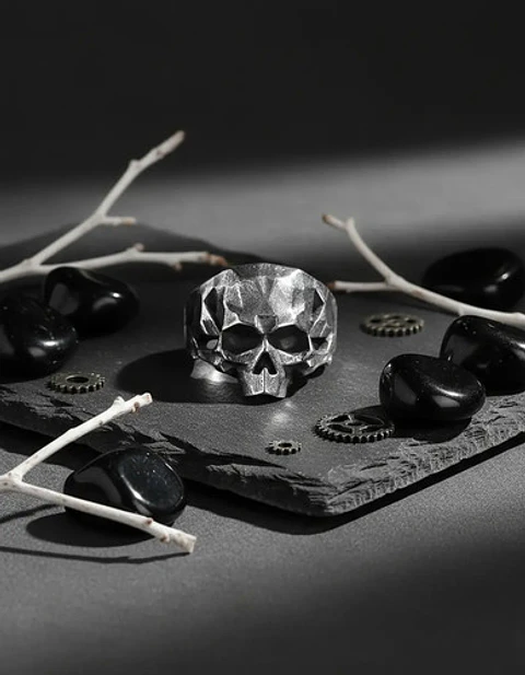 Anillo Color Plata Oscuro De Acero Craneo Calavera Hombre