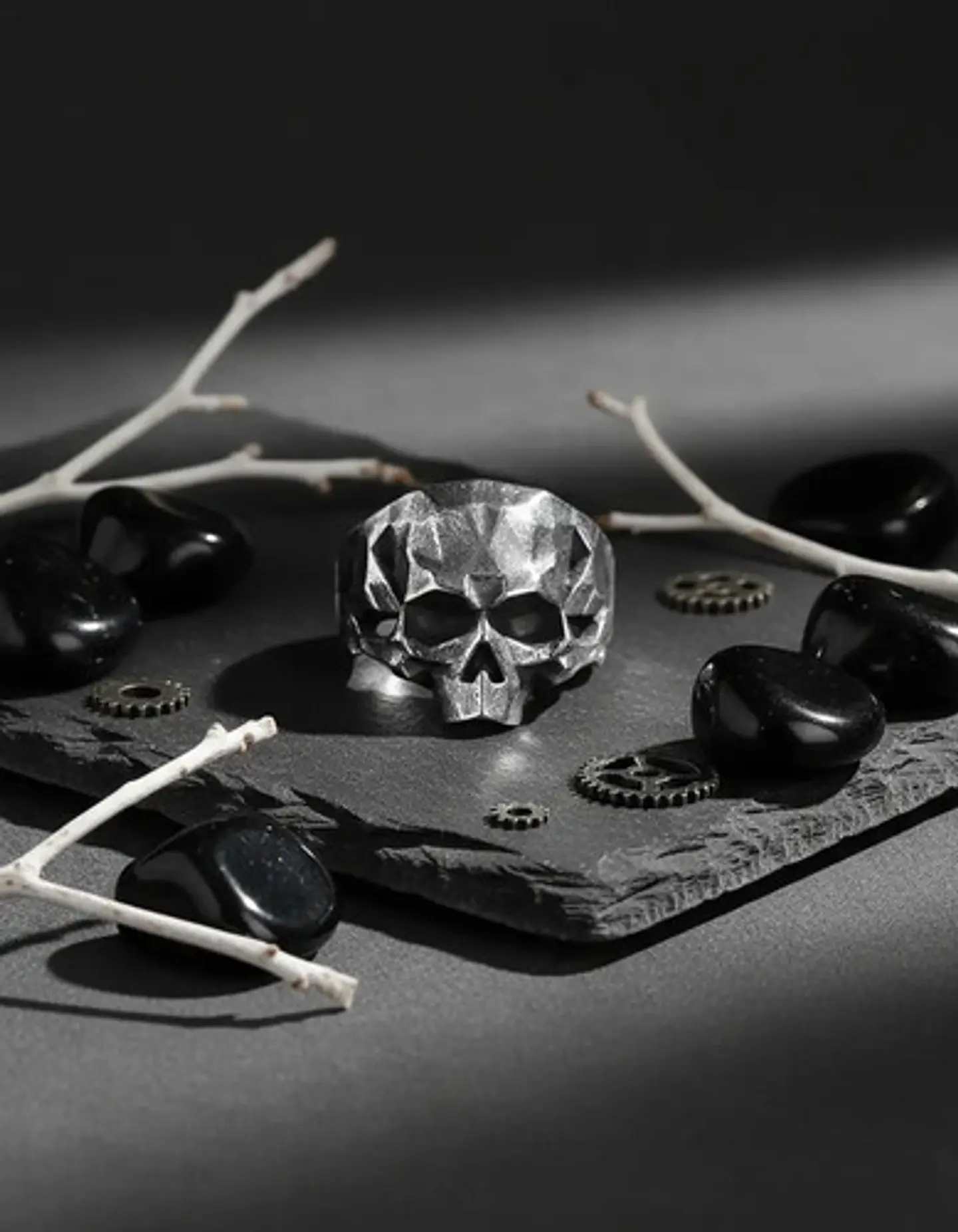 Anillo Color Plata Oscuro De Acero Craneo Calavera Hombre 2