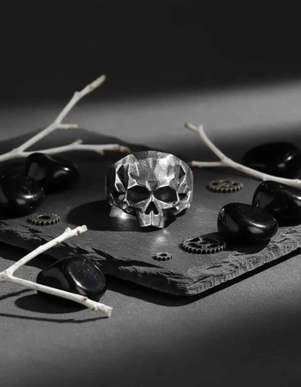 Anillo Color Plata Oscuro De Acero Craneo Calavera Hombre 2