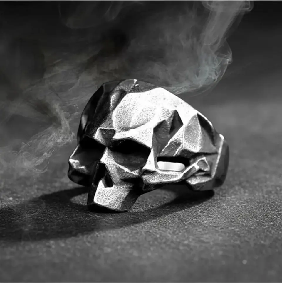 Anillo Color Plata Oscuro De Acero Craneo Calavera Hombre 3