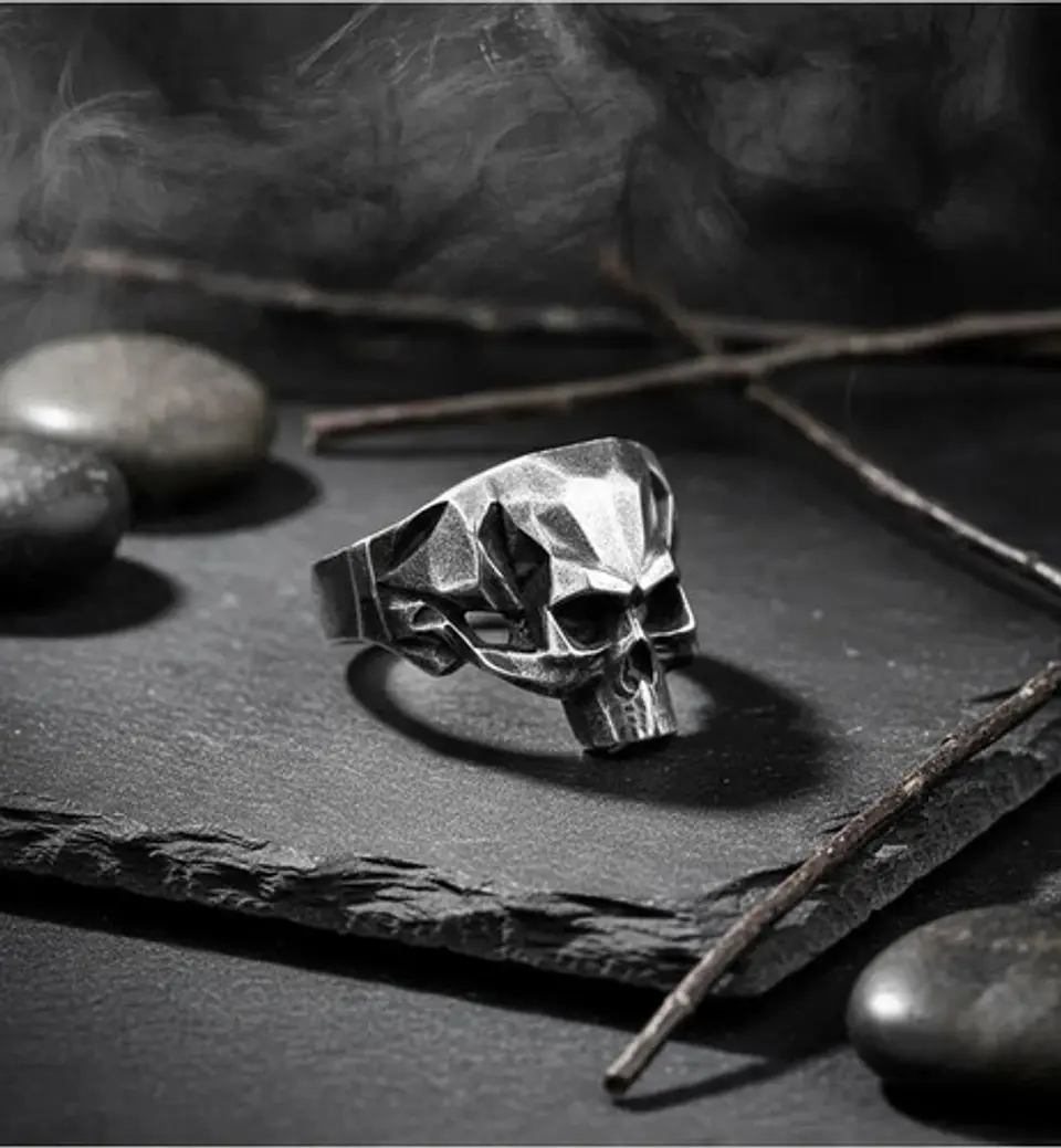 Anillo Color Plata Oscuro De Acero Craneo Calavera Hombre 4
