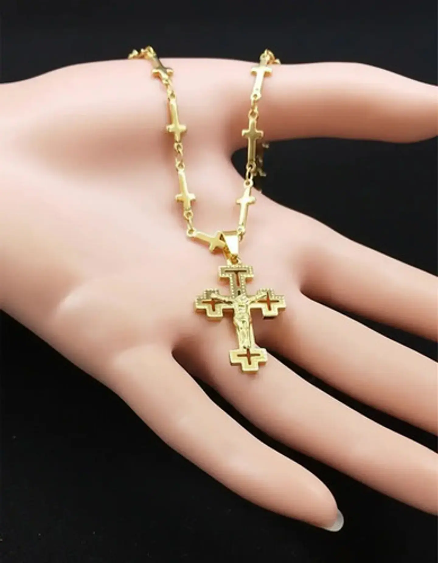 Collar Cadena Cruzes Hombre Mujer Dije Cruz Acero Color Oro 6