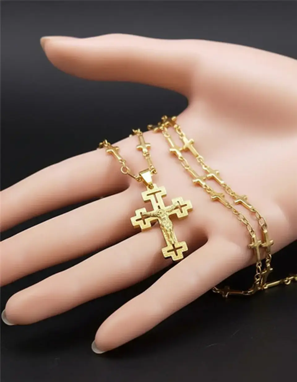 Collar Cadena Cruzes Hombre Mujer Dije Cruz Acero Color Oro 7