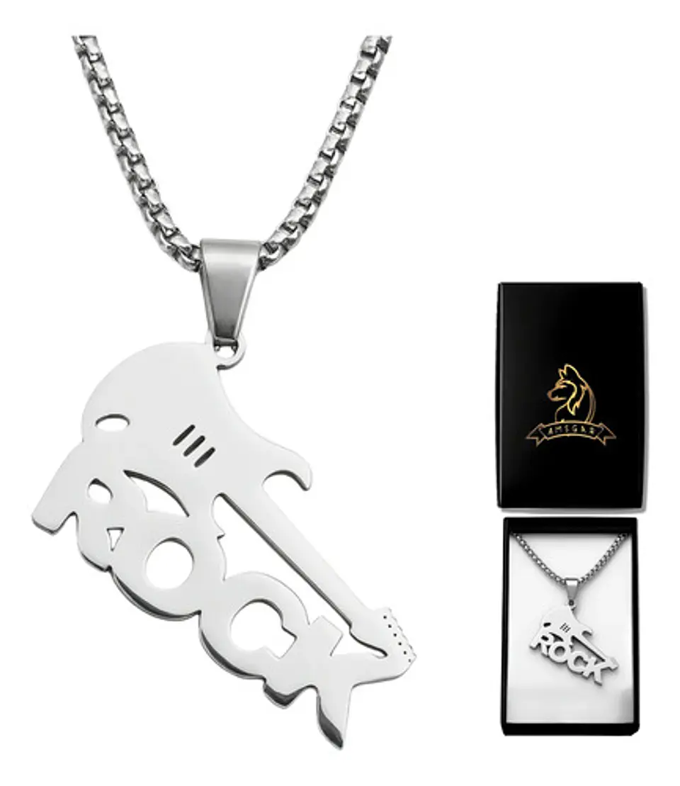 Collar Para Hombre Mujer Con Dije Guitarra Rock Color Plata 1