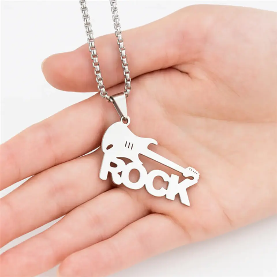 Collar Para Hombre Mujer Con Dije Guitarra Rock Color Plata 3