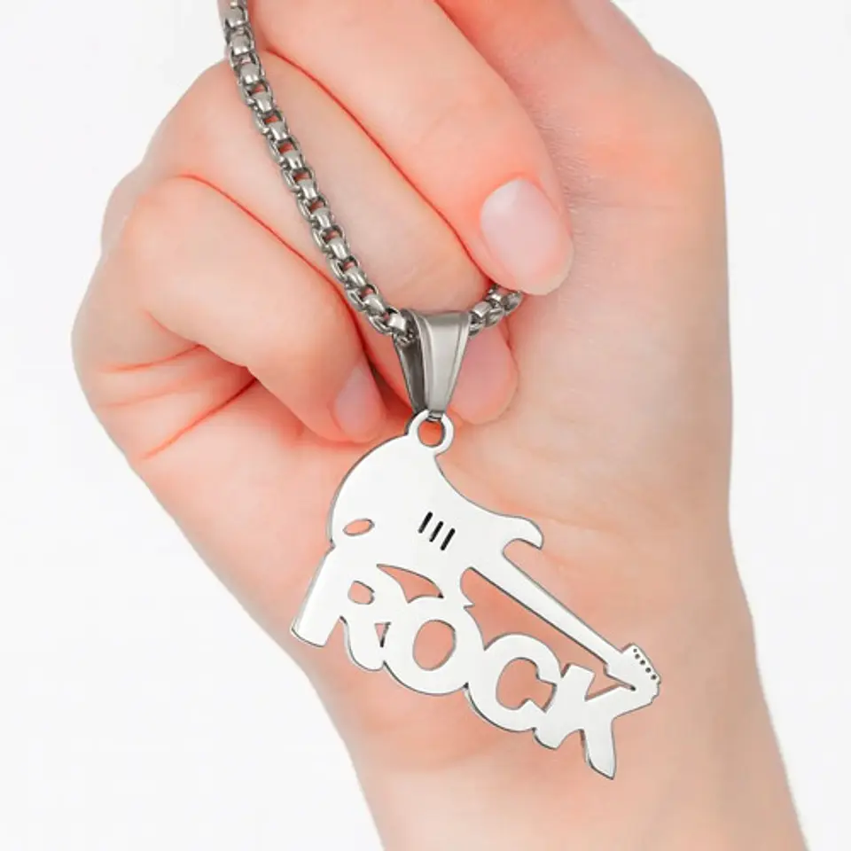 Collar Para Hombre Mujer Con Dije Guitarra Rock Color Plata 4