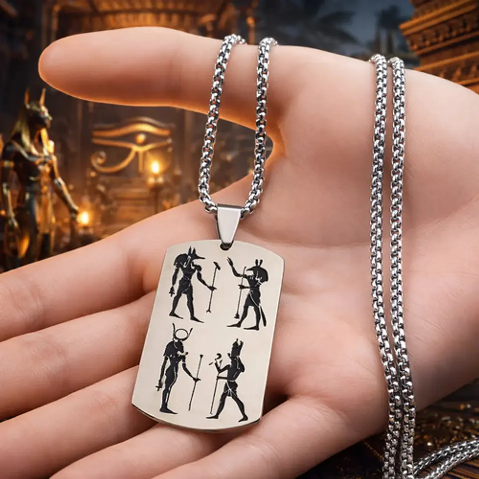 Collar Para Hombre Mujer Con Placa Horus Anubis Color Plata 6