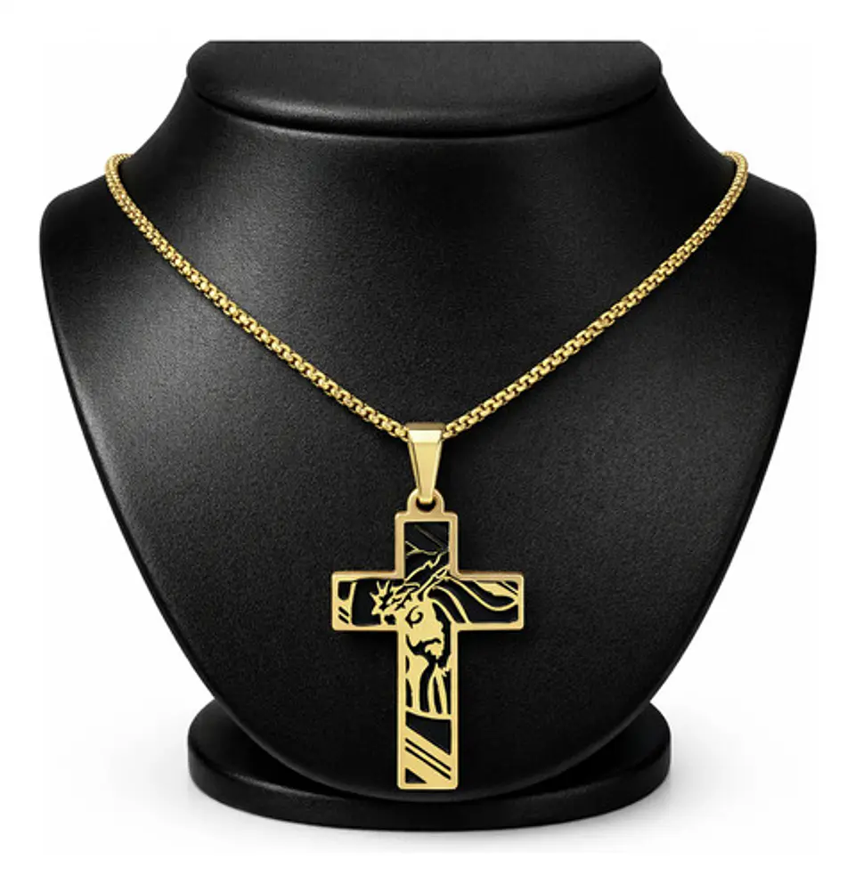 Collar Hombre Y Mujer Dije Cruz Rostro Jesus Acero Color Oro 9