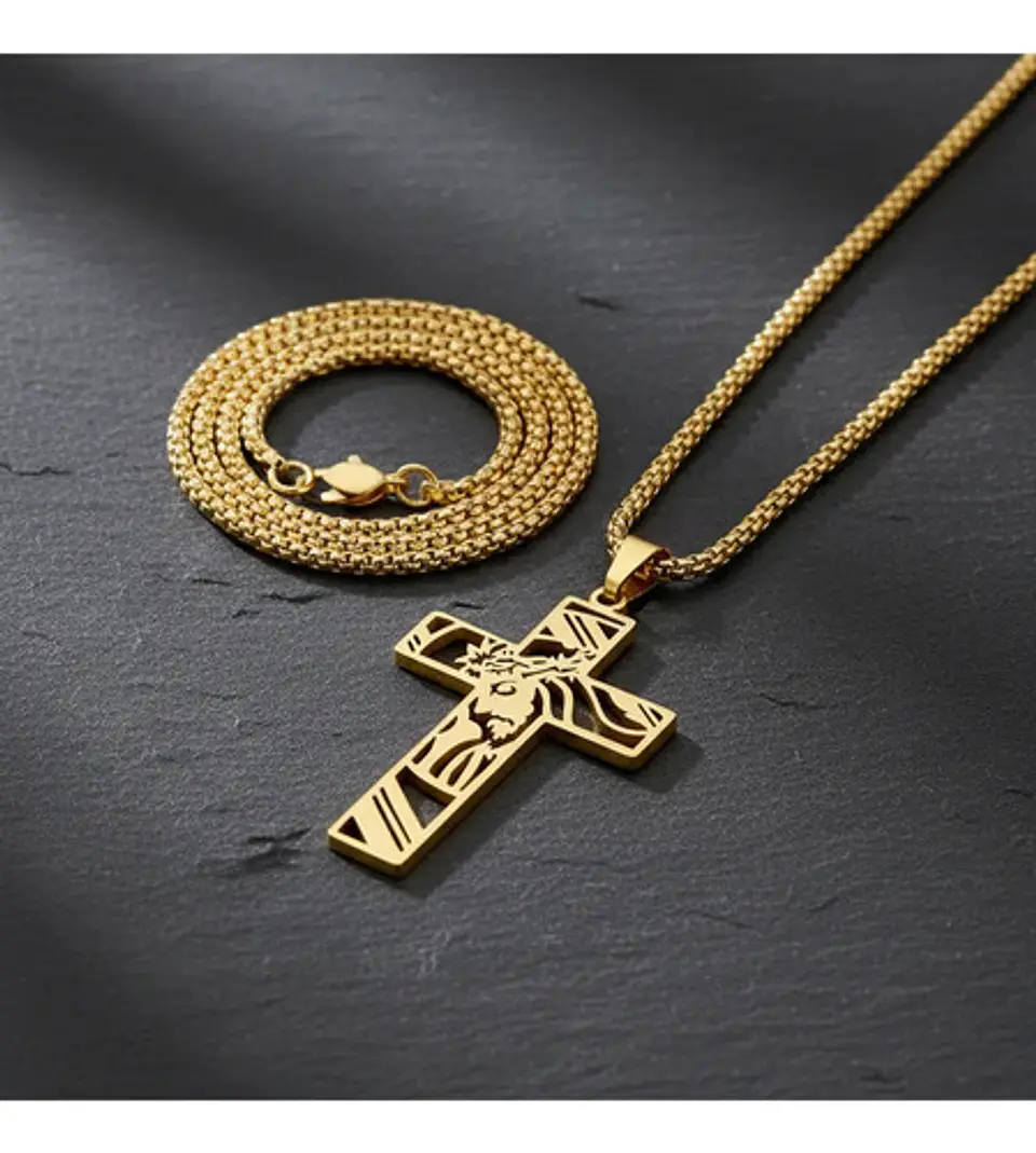Collar Hombre Y Mujer Dije Cruz Rostro Jesus Acero Color Oro 10