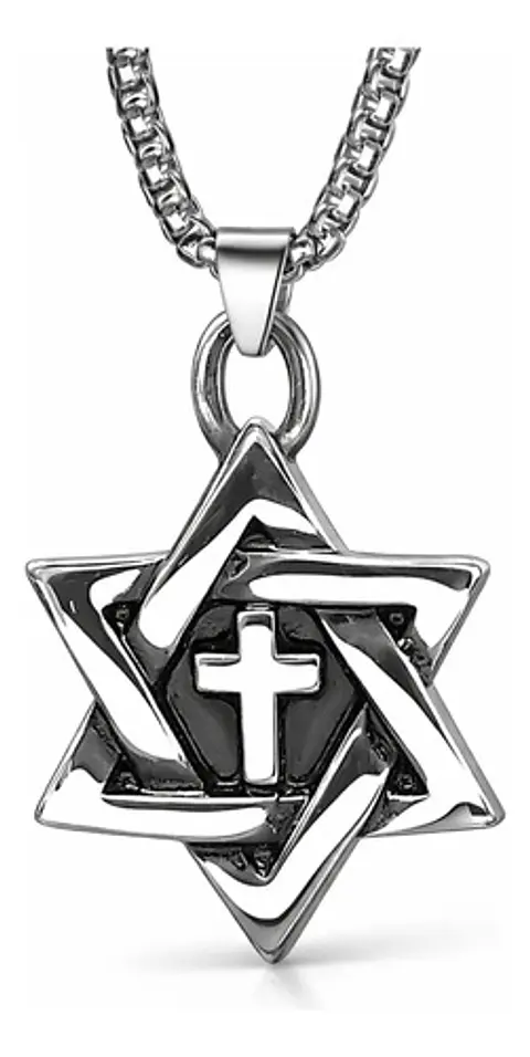 Collar Para Hombre Con Dije Cruz Hexagrama Judío Color Plata