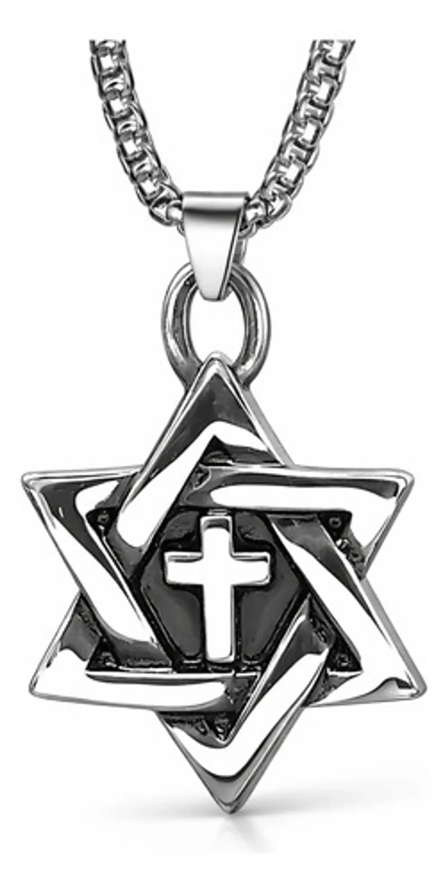 Collar Para Hombre Con Dije Cruz Hexagrama Judío Color Plata 1