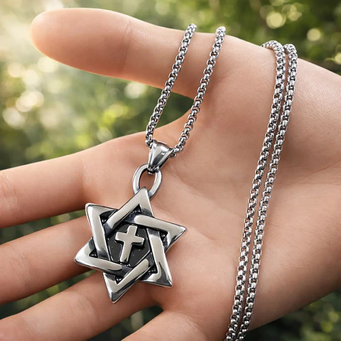 Collar Para Hombre Con Dije Cruz Hexagrama Judío Color Plata