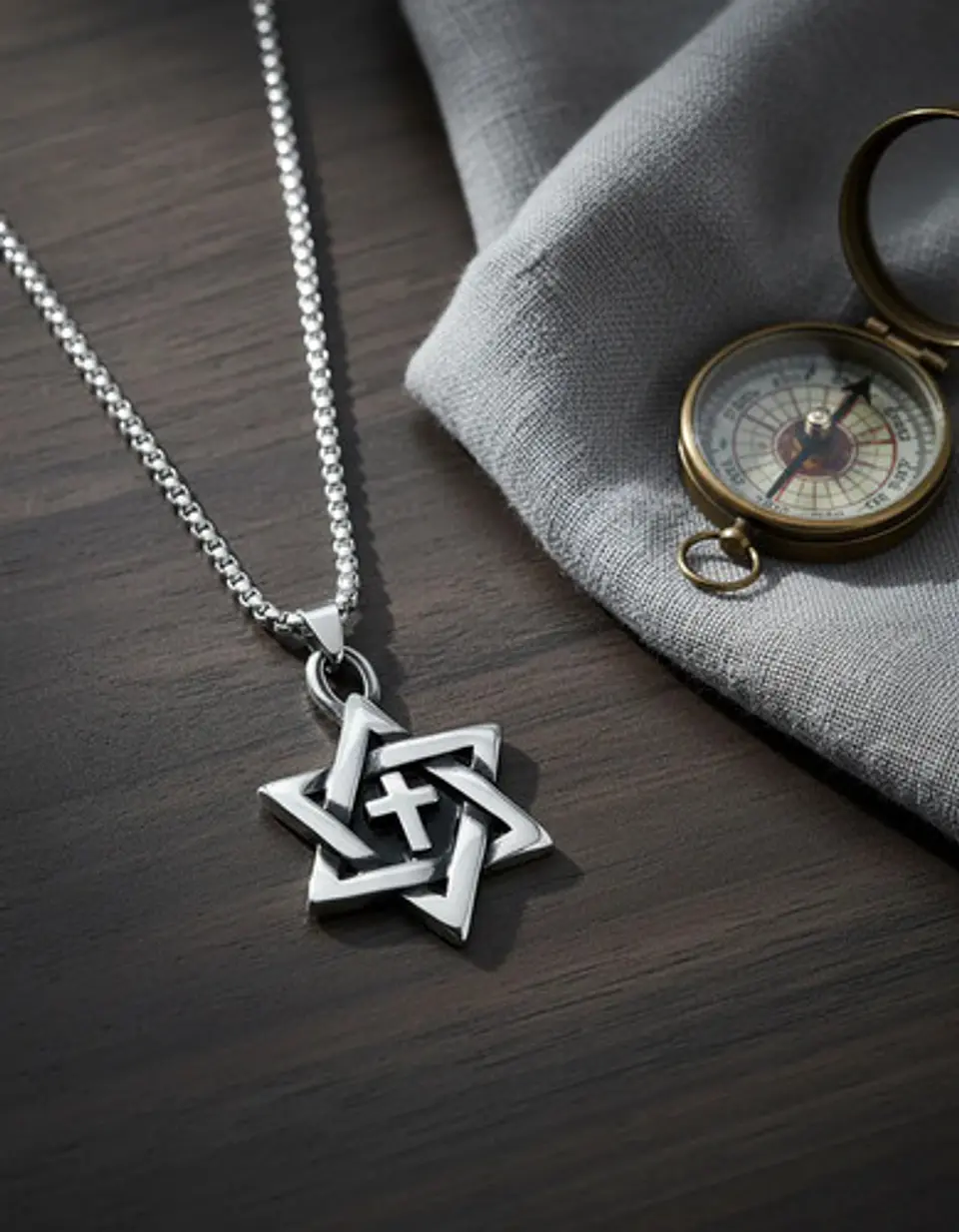 Collar Para Hombre Con Dije Cruz Hexagrama Judío Color Plata 4