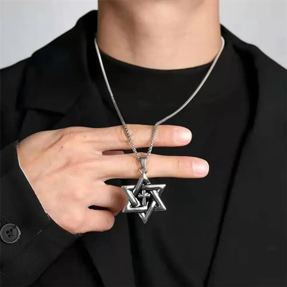 Collar Para Hombre Con Dije Cruz Hexagrama Judío Color Plata 5