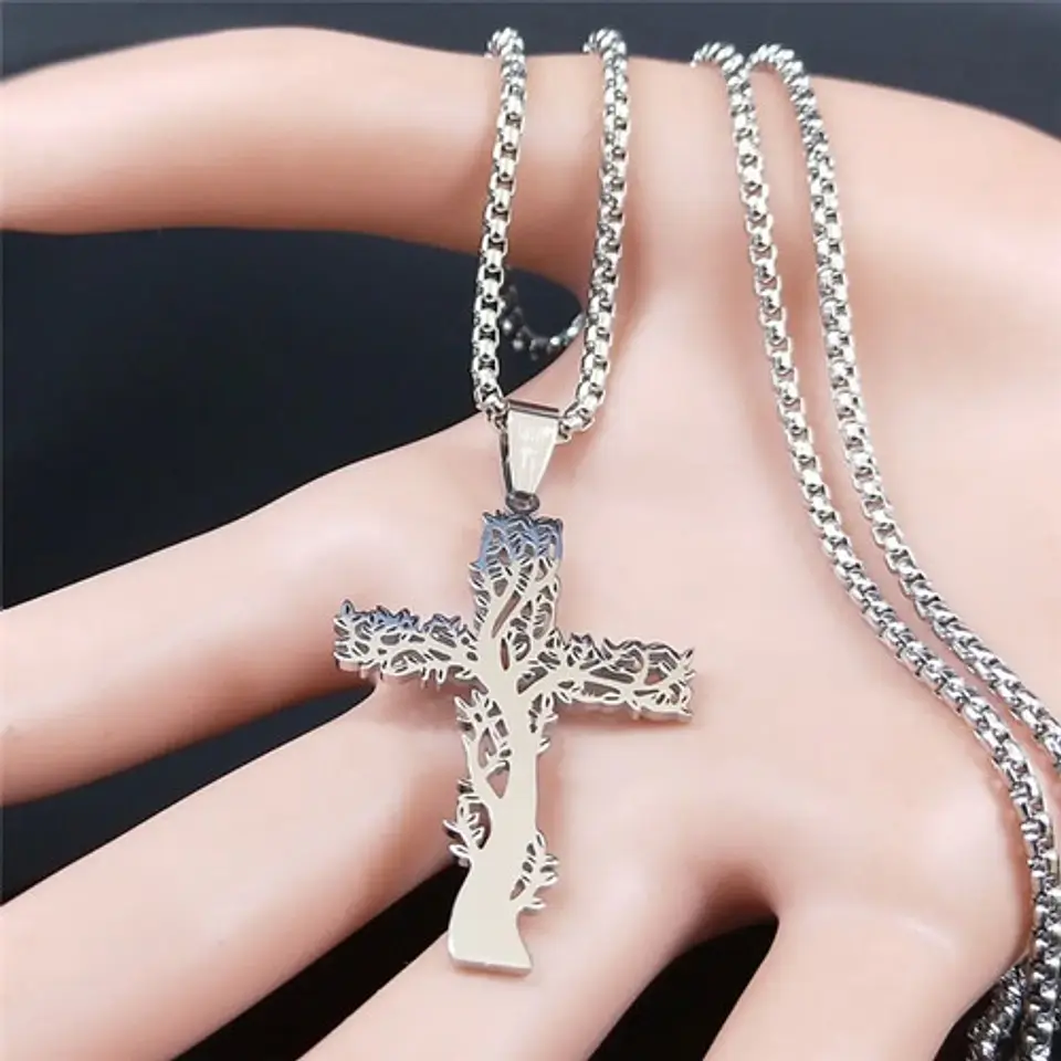 Collar Hombre Mujer Con Dije Cruz Arbol De La Vida Color Oro 8