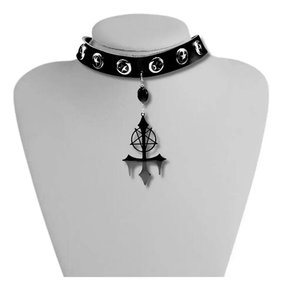 Collar Choker Gotico Para Mujer Y Dije Cruz Pentagrama Sigil 1