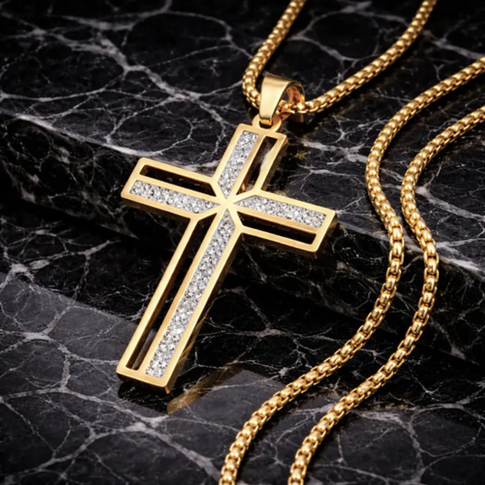 Collar Para Hombre Mujer Dije Cruz Jesus Cz Acero Color Oro 7