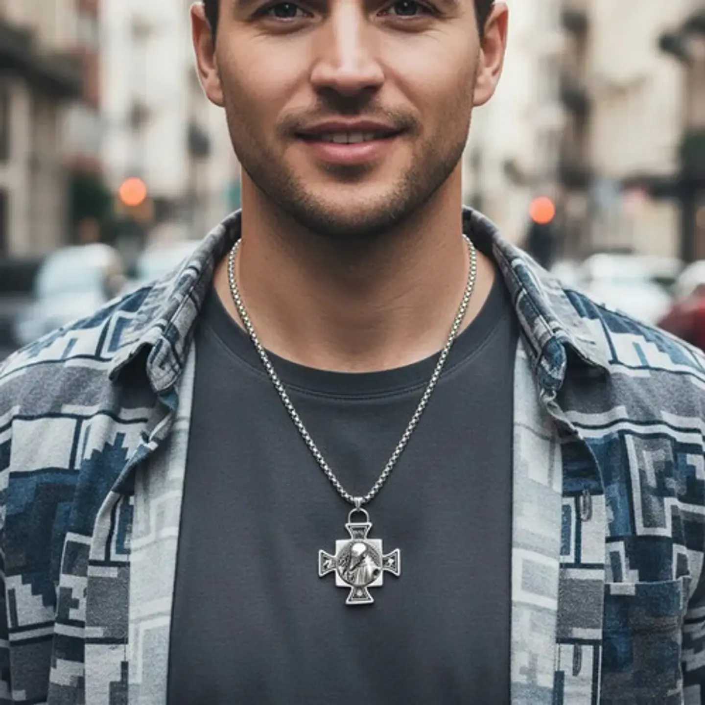 Collar De Acero Para Hombres Dije Cruz Sello De San Benito 2