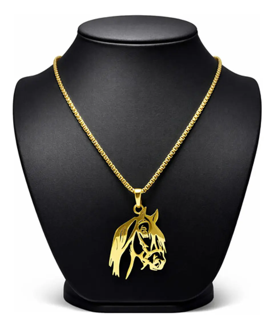 Collar Para Hombre Mujer Con Dije Caballo De Acero Color Oro 2