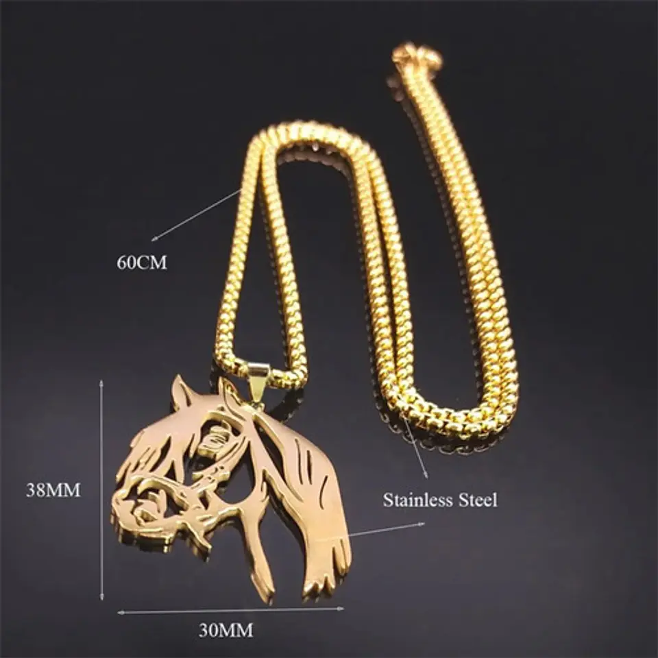 Collar Para Hombre Mujer Con Dije Caballo De Acero Color Oro 9
