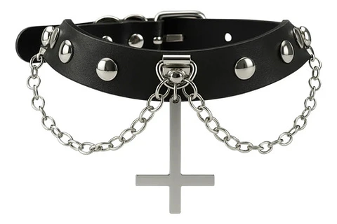 Collar Choker Gotico Para Mujer Y Dije Cruz Invertida Acero