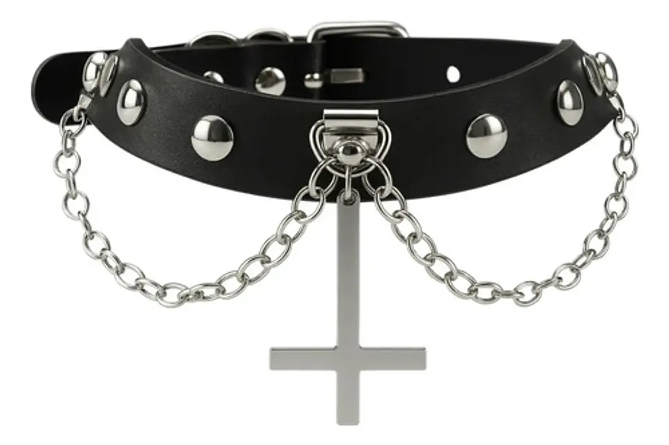 Collar Choker Gotico Para Mujer Y Dije Cruz Invertida Acero 1