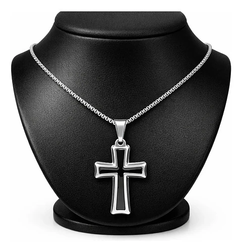 Collar Para Hombre Mujer Con Dije Cruz Catolica Color Plata