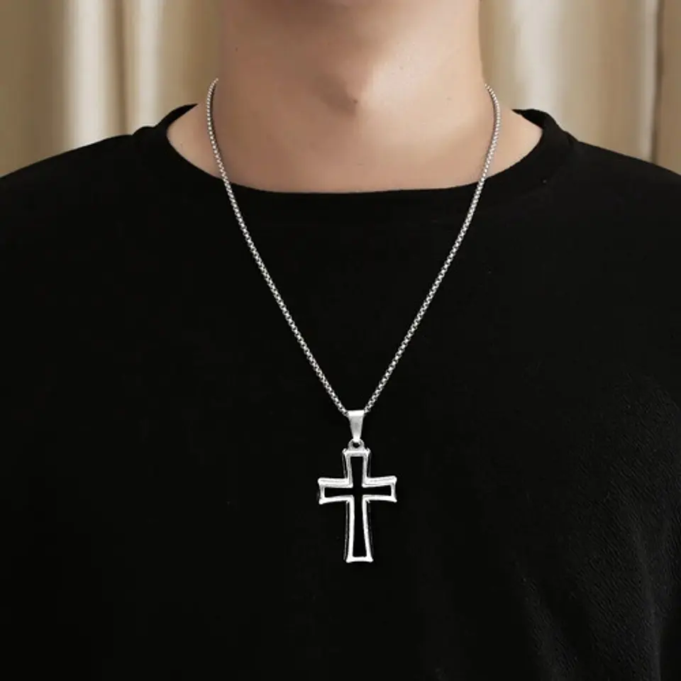 Collar Para Hombre Mujer Con Dije Cruz Catolica Color Plata 5
