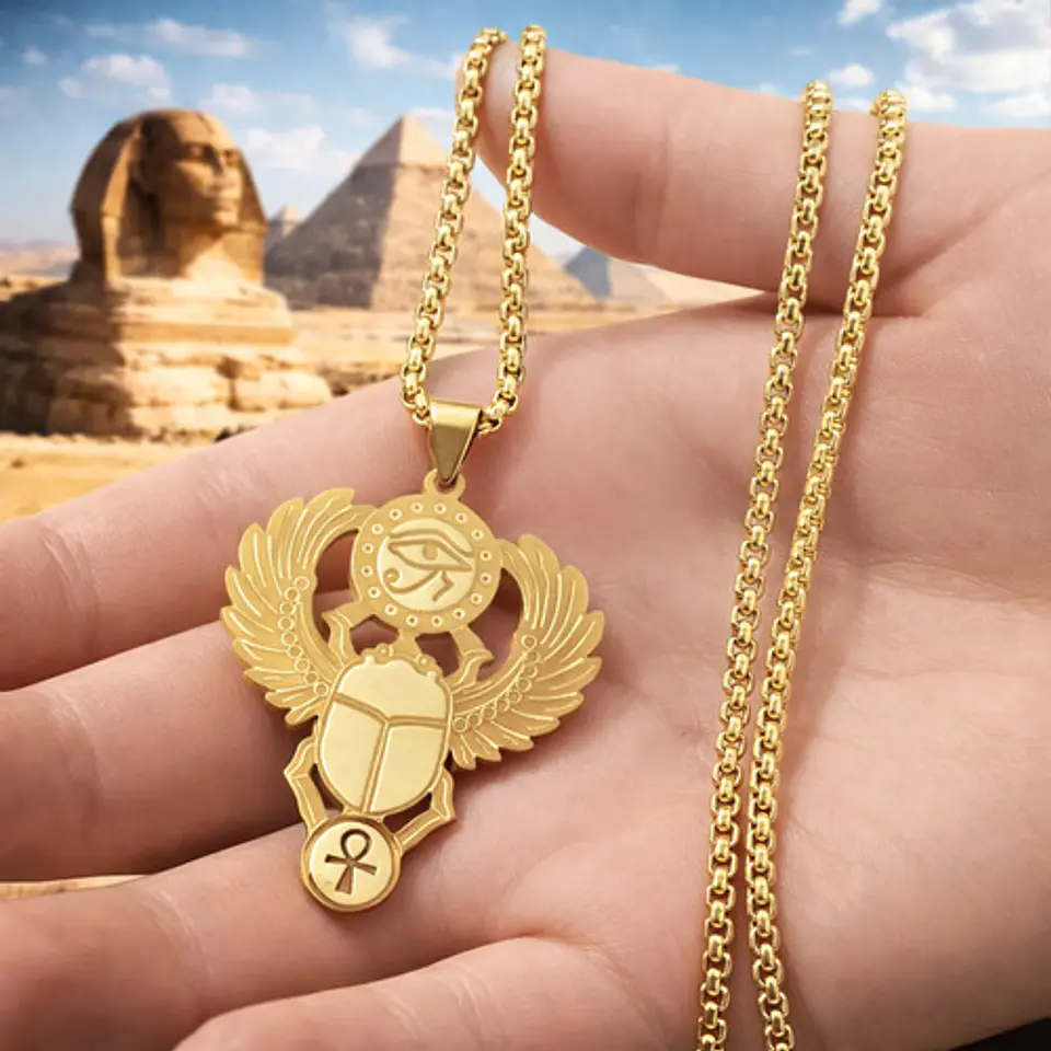 Collar Hombre Mujer Y Dije Ojo De Horus Escarabeo Color Oro 2