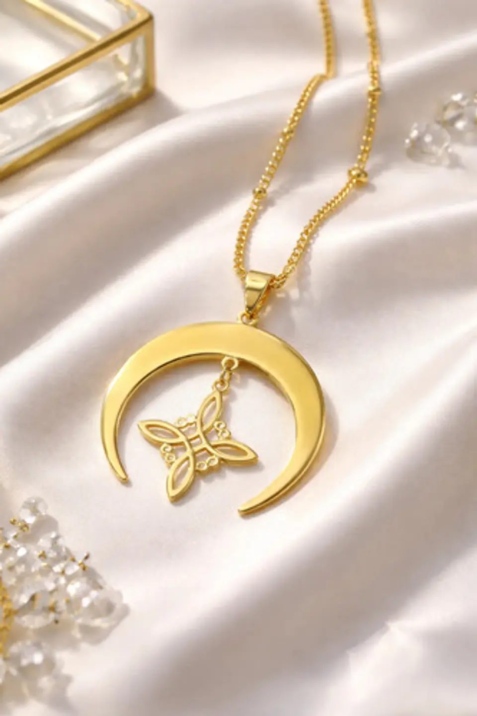 Collar Para Mujeres Dije Luna Invertida Nudo Bruja Dorado 3