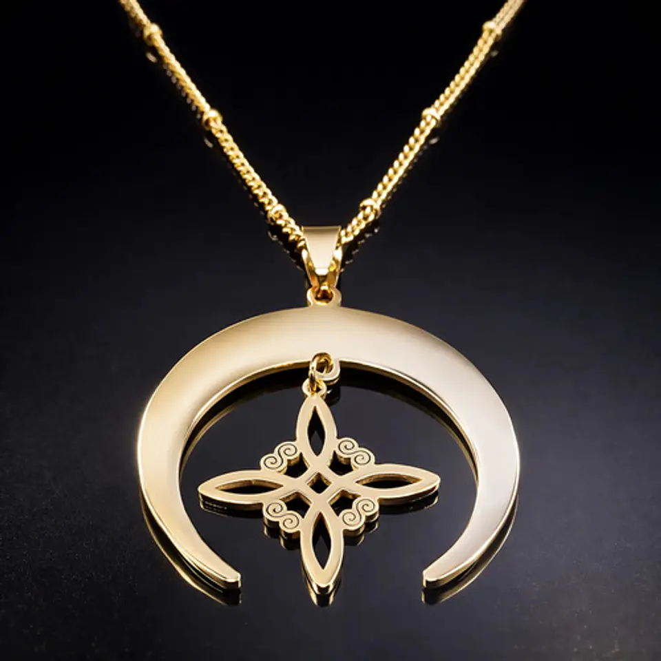 Collar Para Mujeres Dije Luna Invertida Nudo Bruja Dorado 7