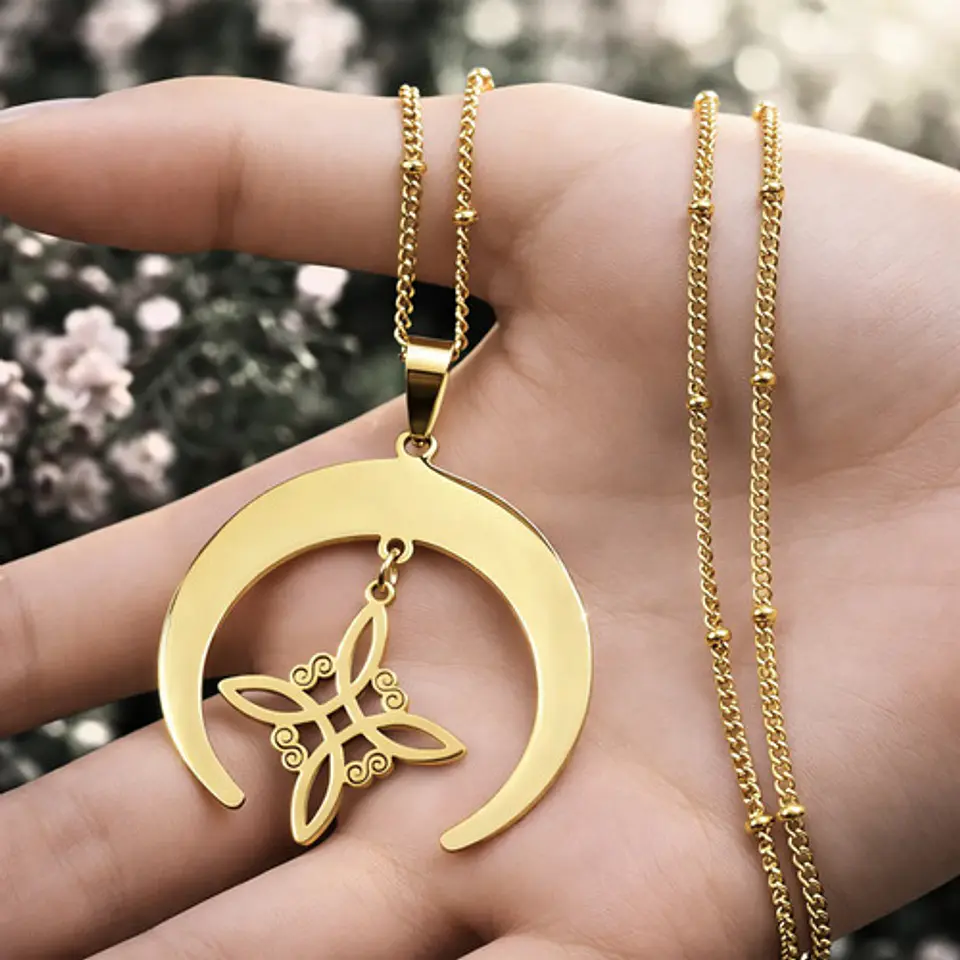 Collar Para Mujeres Dije Luna Invertida Nudo Bruja Dorado 9