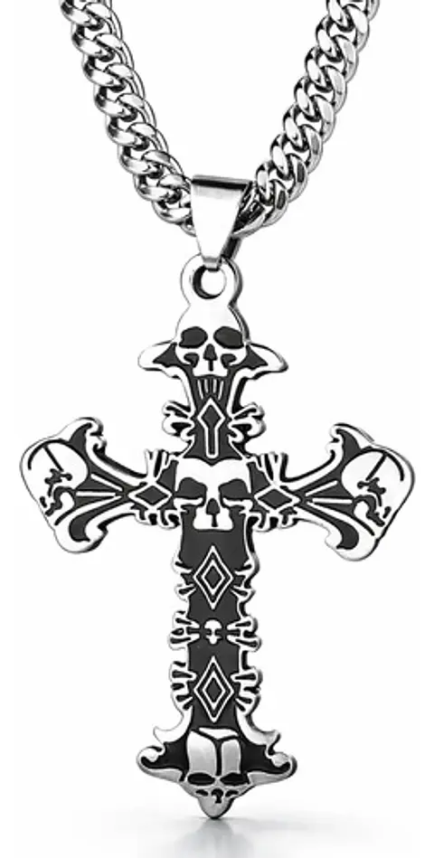Collar Hombre Dije Cruz Calavera Gótica De Acero Color Plata