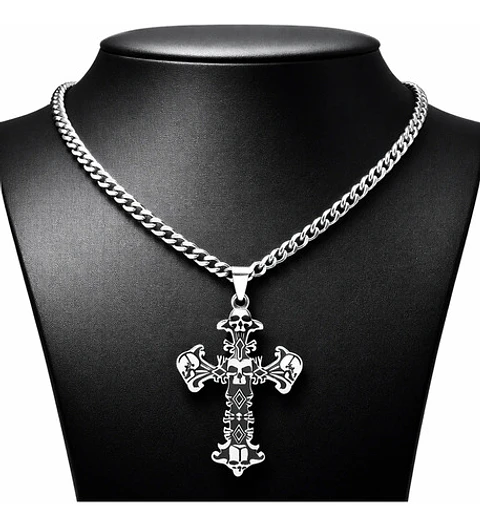 Collar Hombre Dije Cruz Calavera Gótica De Acero Color Plata