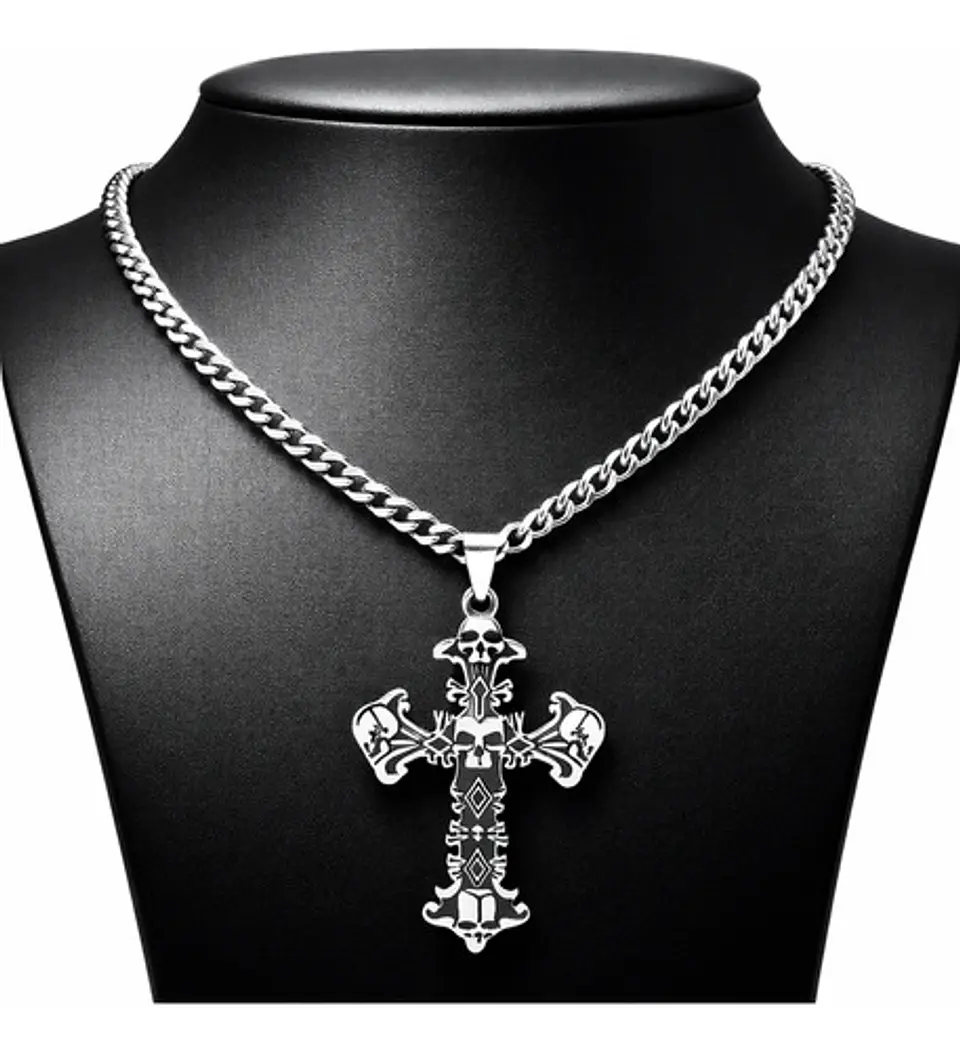 Collar Hombre Dije Cruz Calavera Gótica De Acero Color Plata 2